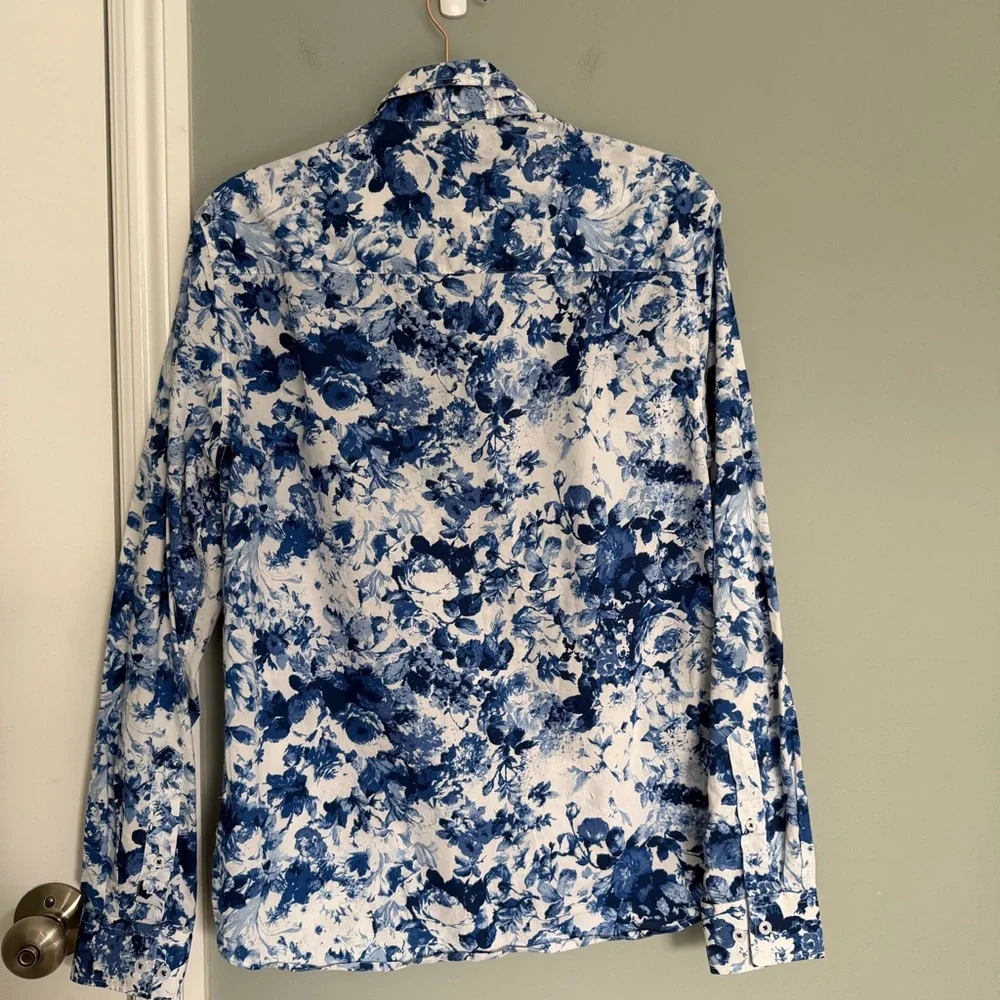 Nick Graham 100% Cotton Modern Fit Blue White Floral Men's Button Down Shirt - Picture 9 of 14